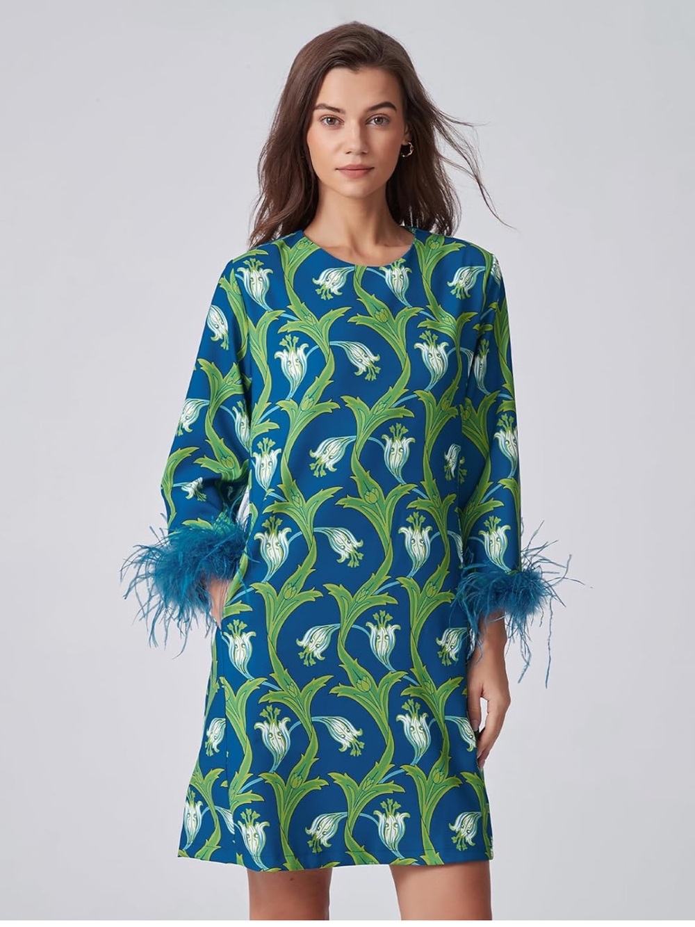 NWOT Blue & Green Floral Shift Dress with Feather-Trim Cuffs - Size Medium - Picture 1 of 5